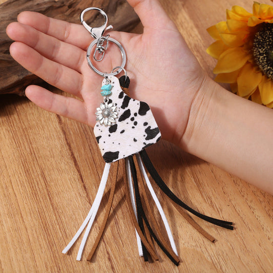 Womens Leather Keychain Turquoise Sunflower Charm Geometric Cow Design Tassel Electroplated Keyring Sweet Charm