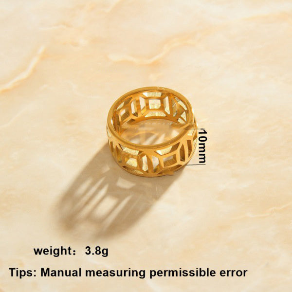 Womens Hollow Grid Ring 18K Gold Plated Stainless Steel Daily Wear Jewelry Classic Elegance For Everyday Style