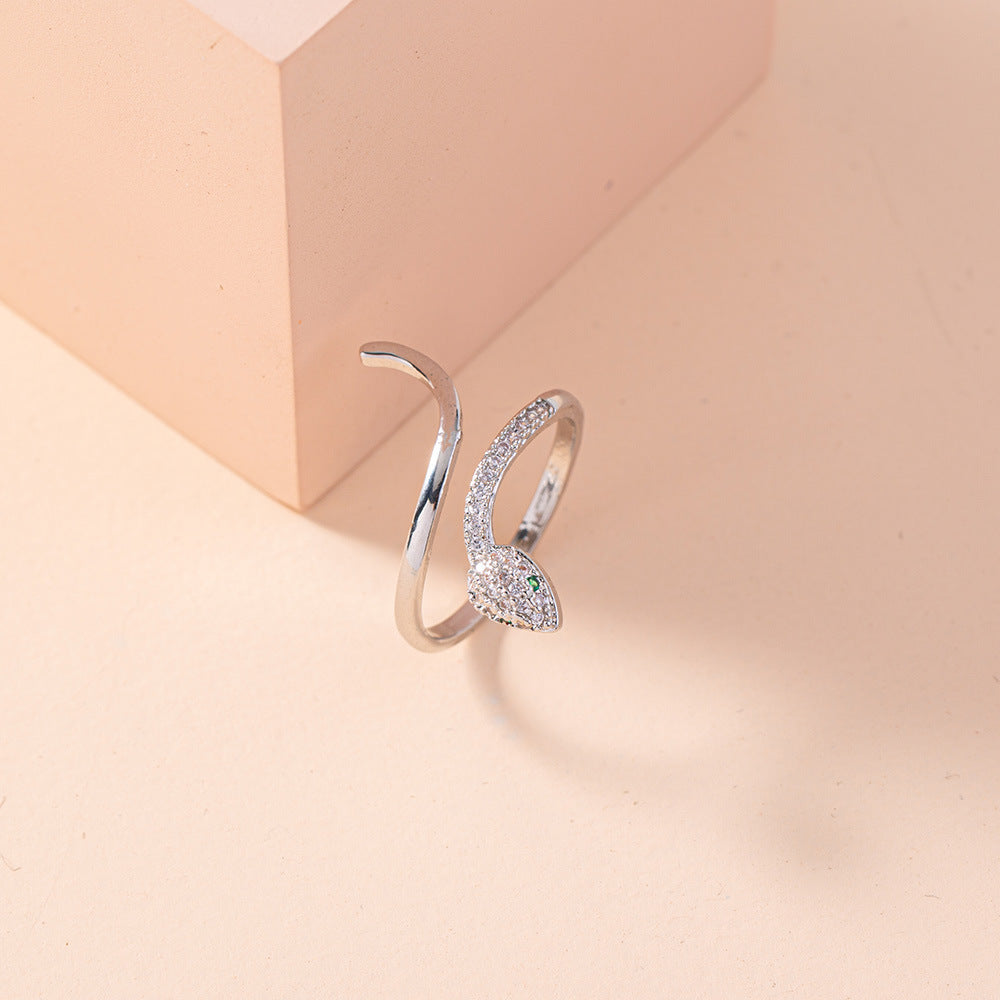 Womens Adjustable Snake Ring With Green Zircon Eyes Copper Electroplated Elegant Fashion Jewelry Statement Animal Ring