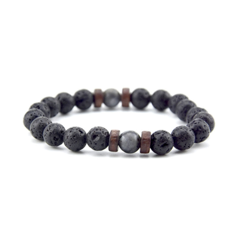 Unisex Volcanic Rock Bracelet With Wooden Beads And Hematite Beaded Accents Polished Geometric Glass Ethnic Bracelet