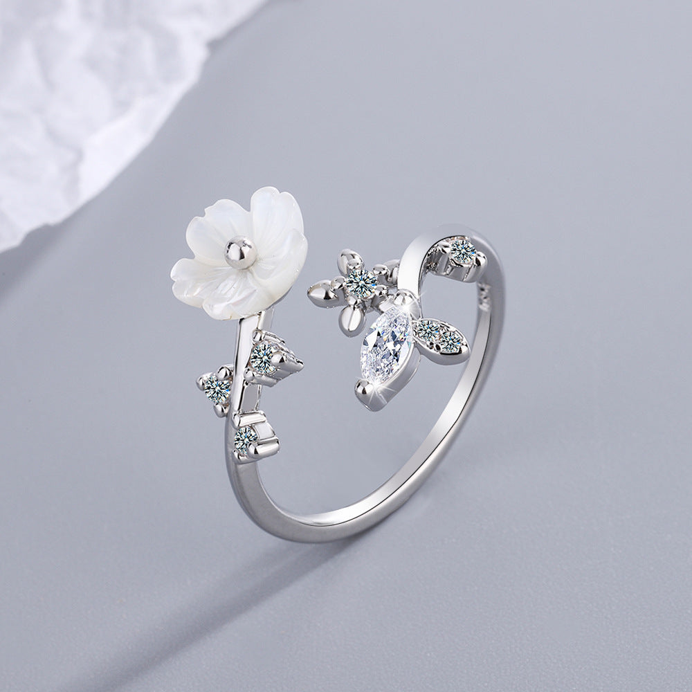 Korean Style Shell Ring For Women Small Adjustable 16mm Inner Diameter Zircon Accent Extra Durable Lightweight