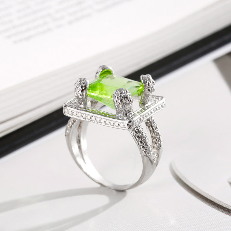 Womens Geometric Ring With Green Crystal Inlay And White Diamond Gold Plated Alloy Fashion Jewelry Rectangular