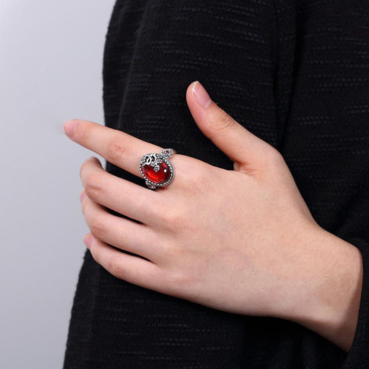 White Plated Gold Pomegranate Red Canary Stone Vintage Plum Blossom Unisex Ring Adjustable Size Timeless Style