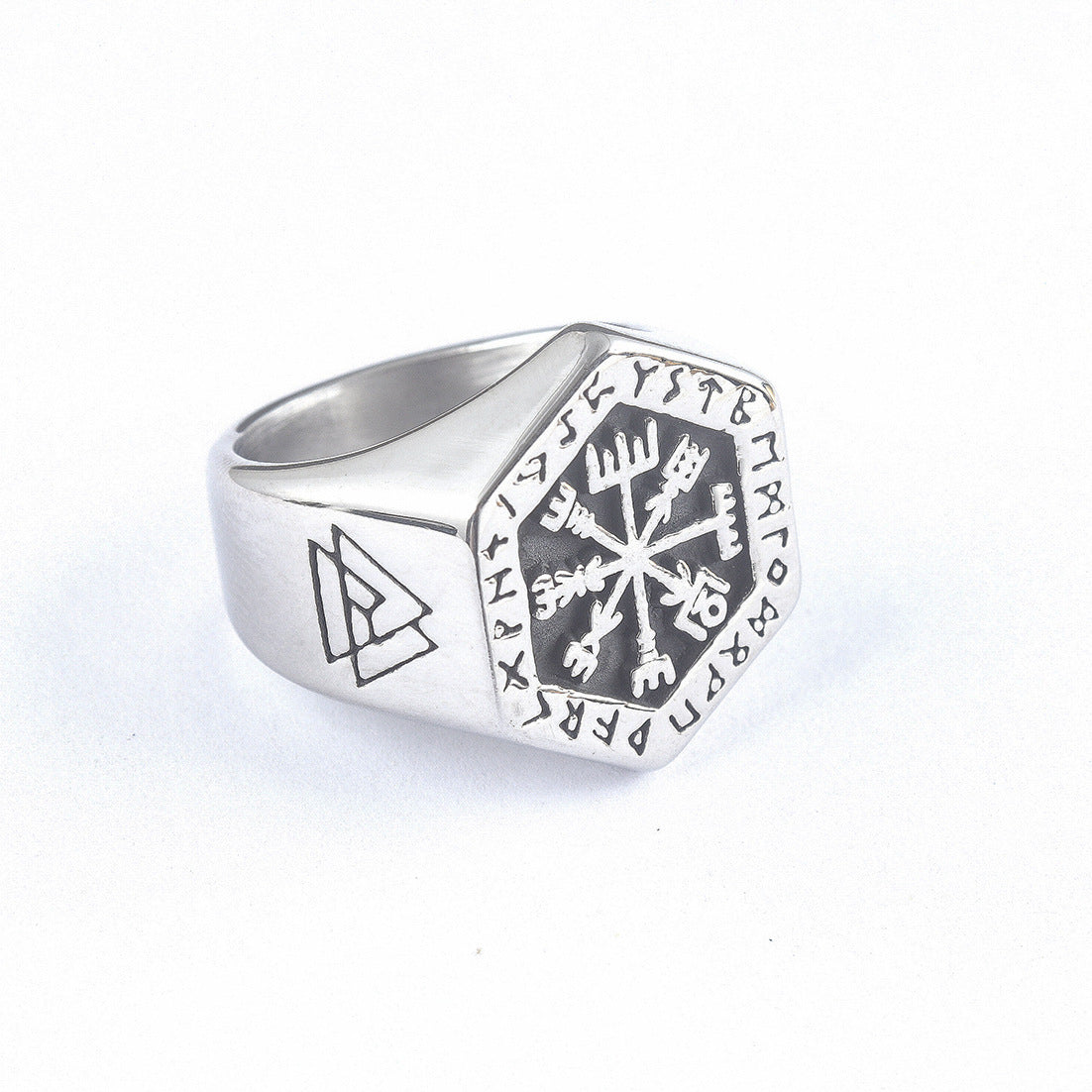 Handcrafted Stainless Steel Ring Hexagonal Vegvisir Ring and Valknut Rune Ring Fashion Statement Ring for Women High Polish Retro Black Finish