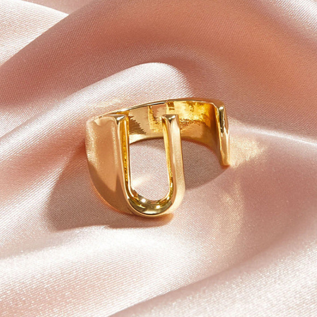 Gold Alloy Letter Ring For Women Initial Alphabet Ring Electroplated Simple Fashion Jewelry Gift For Daily Wear Style