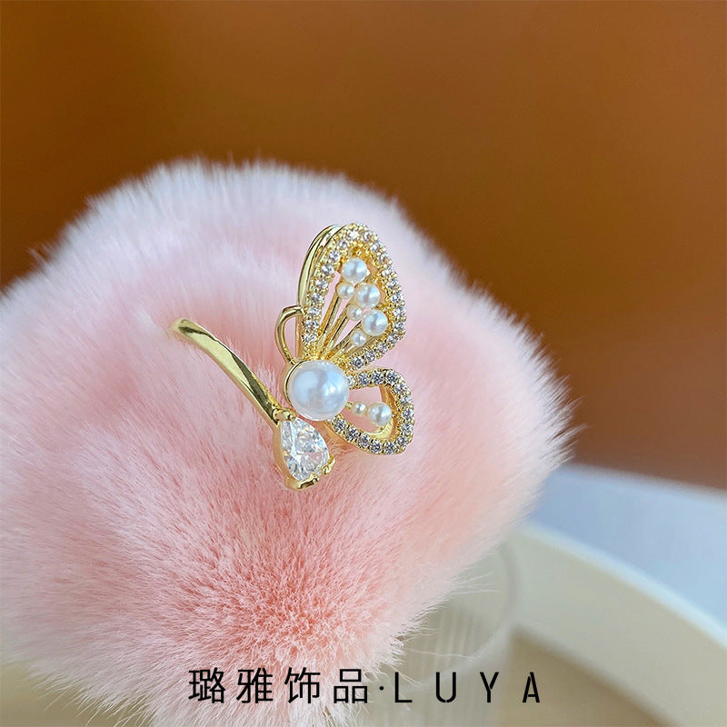 Womens Butterfly Wing Pearl Ring Adjustable Gold Plated Copper Elegant Fashion Jewelry Birthday Gift Gem Stone