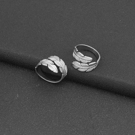 Unisex Stainless Steel Feather Ring Adjustable Open Geometric Wing Wheat Design Jewelry Electroplated Finish Style