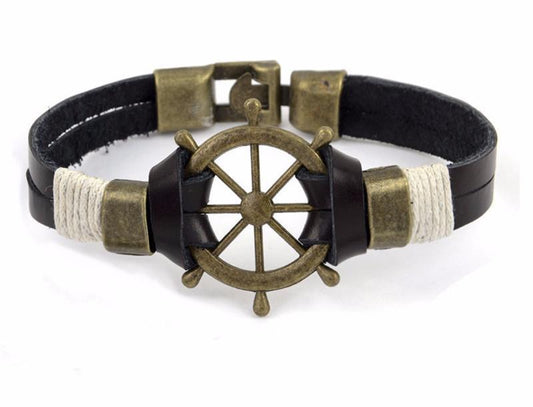 Rudder Anchor Leather Bracelet Nautical Theme Lightweight Plated Alloy Jewelry For Men For Casual Everyday Use