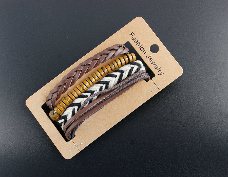 Braided Leather Bracelet With Wooden Beads Adjustable