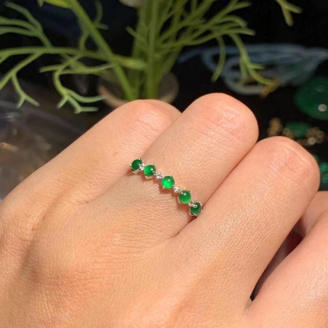Open Green Chalcedony Stackable Ring Adjustable Copper Electroplated Dainty Fashion Jewelry Gift Elegant Style
