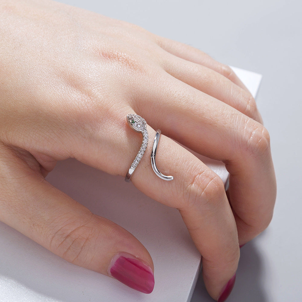 Adjustable Snake Ring With Green Eyes Animal Zodiac Fashion Copper Zircon Micro Set Ins Fashion Ring For Women