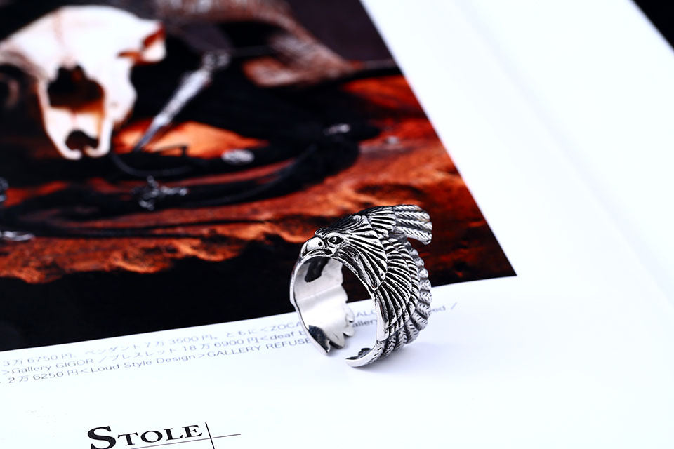 Mens Eagle Ring Titanium Steel Plated Bold Fashion Jewelry Durable Statement Band Unique Design Versatile Accessory