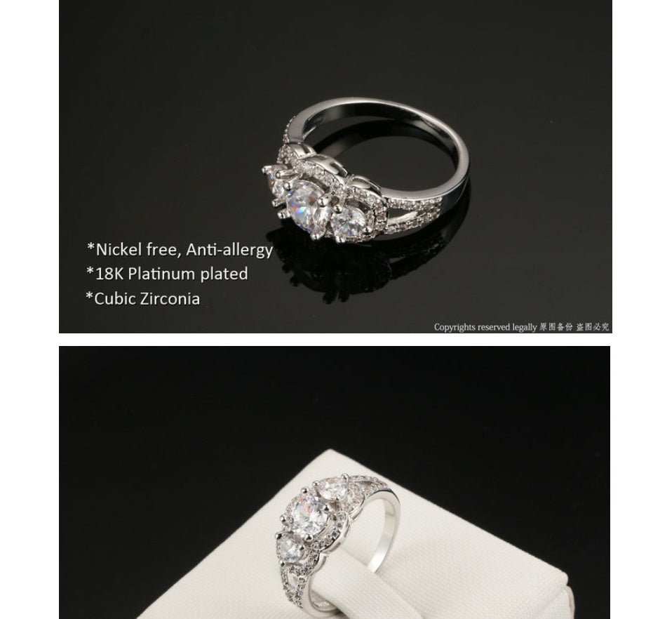 Womens Platinum Plated Zircon Ring 6mm Copper Inlaid