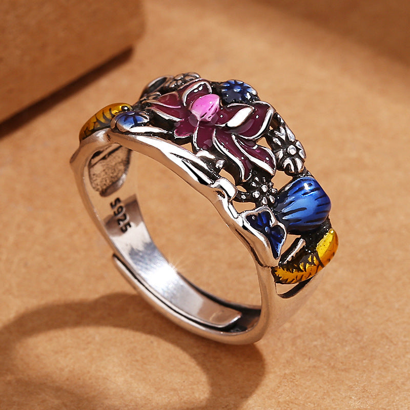 Retro Enamel Burnt Blue Hollow Lotus Carp Ring For Women Adjustable Copper Flower Design Vintage Flower Design