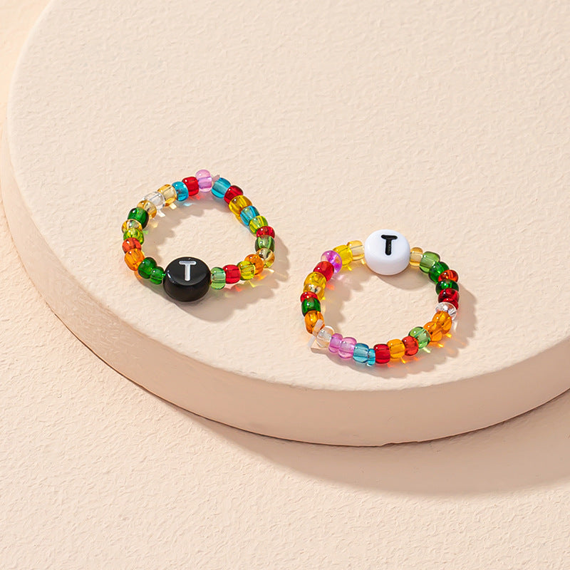 Beaded Letter Initial Ring For Ladies And Men Resin Alphabet Trendy Korean Geometric Ethnic Retro Jewelry Gift