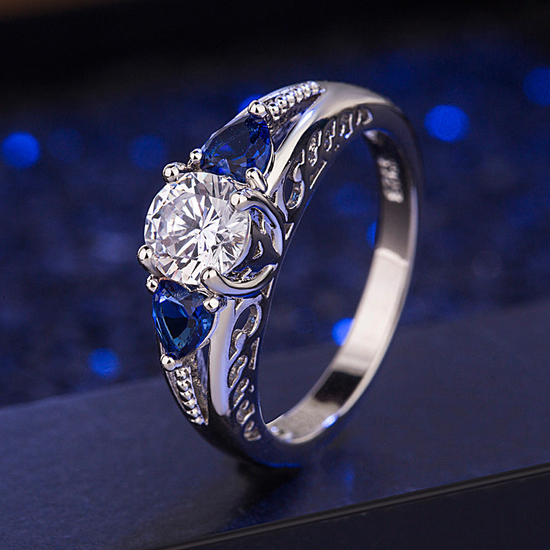 Heart Shaped Blue Rhinestone Zircon Ring Copper White Gold Plated Elegant Dainty Jewelry Gift For Everyday Use