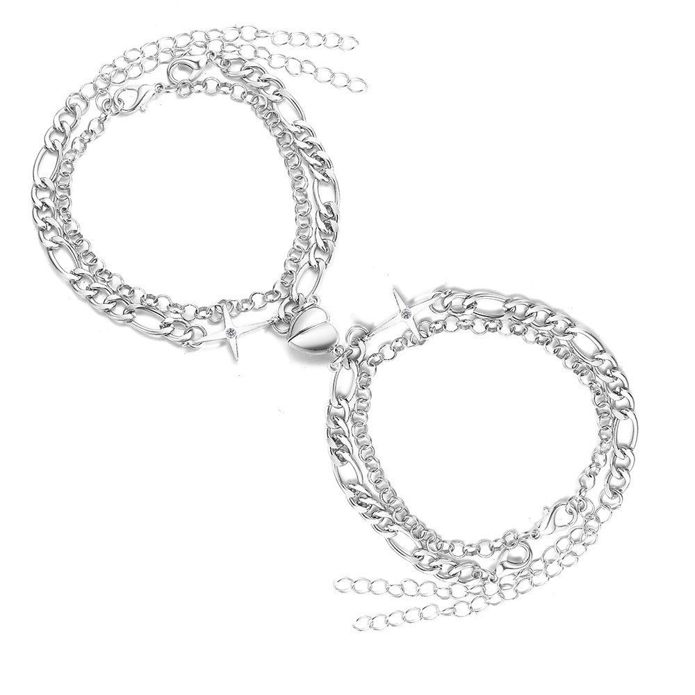 Couple Magnetic Heart Bracelet Valentines Day Gift Alloy Circular Design Fashion Jewelry Set for Women and Men