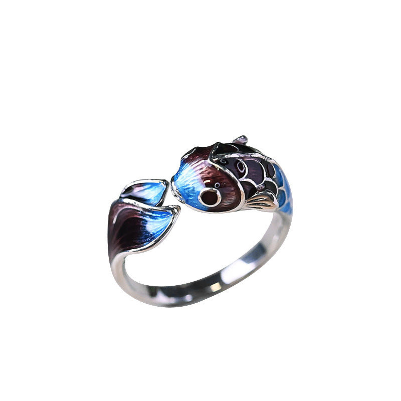 Womens Fashion Retro Ethnic Style Burnt Blue Enamel Handmade Ring Copper Koi Design Everyday Wear Accessory Ok