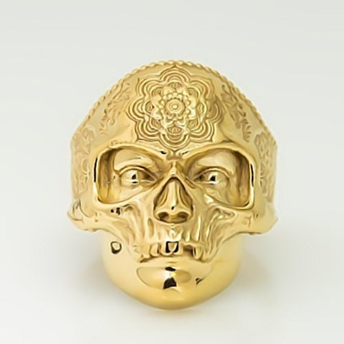 Silver Tone 316L Stainless Steel Skull Ring For Men Mandala Flower Santa Muerte Biker Jewelry For Street Style