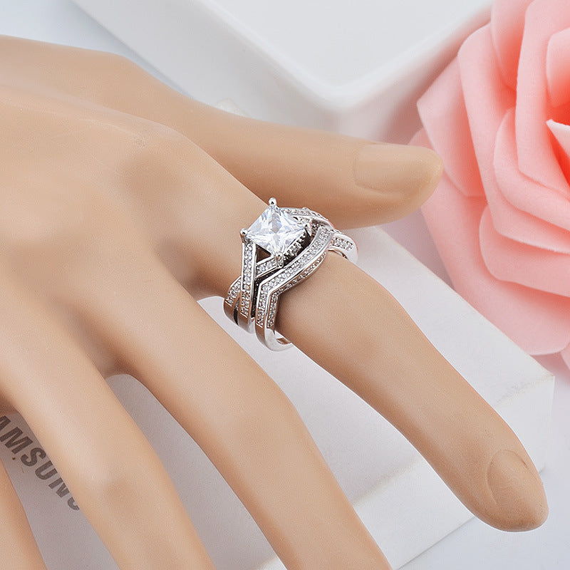 Geometric Zircon Ring Set Two Piece Copper Jewelry For Women Sparkling Elegant Accent Rings Lux Sparkle Finish