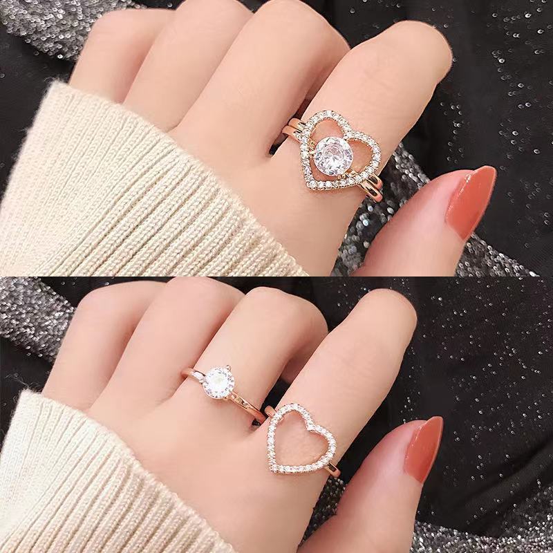 Womens Two In One Love Ring Set Adjustable Alloy Ring With Zircon Inlay Rhinestone Decor Gift For Her Everyday