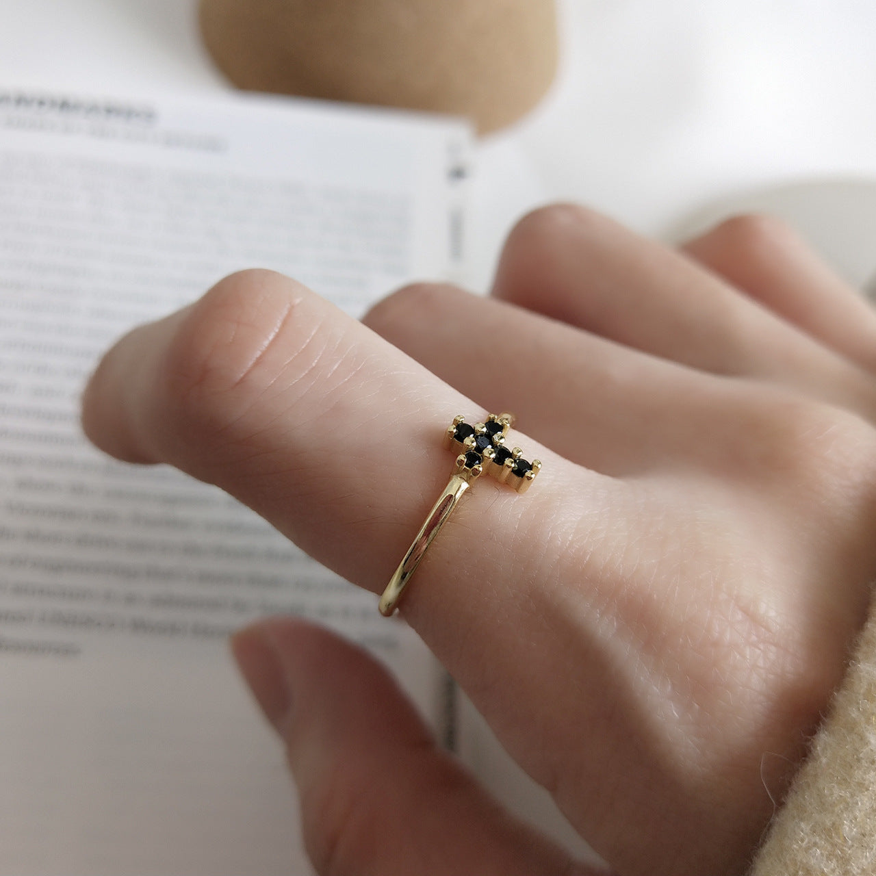 Womens Crosses Ring Sterling Silver Korean Design Black Diamond Accent 925 Electroplated Simple Elegant Fashion