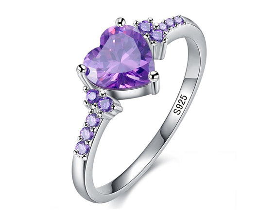 Womens Natural Amethyst Zircon Heart Shaped Silver Tone Ring Jewelry For Her Fashion Wedding Gift High Quality