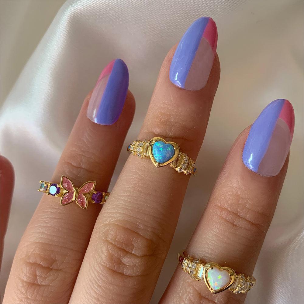 Women's Opal Ring with Zircon Ladies Fashion Copper Ring Elegant Design Blue and White Opal Ring for Her Jewelry Gift Adjustable Ring