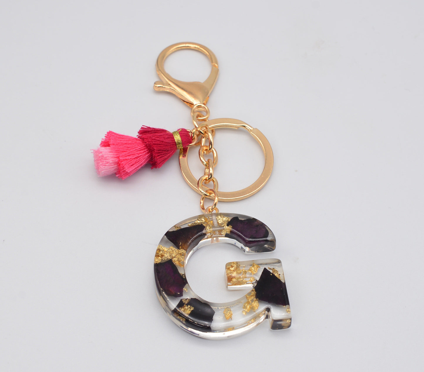 Resin Floral Keychain With Tassel Pendant Black Rose Design Durable Craftsmanship Initial Letter Bag Accessory