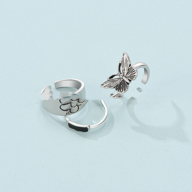 Silver Chrysanthemum Butterfly Adjustable Ring Set Of Three For Women And Girls Alloy Jewelry Collection Gift Ready