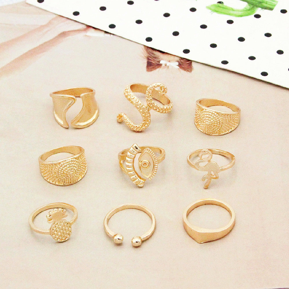 Womens Bohemian Ring Set Ethnic Geometry Alloy Rings Electroplated Pineapple Motif 9 Piece Gift For Trade Gift