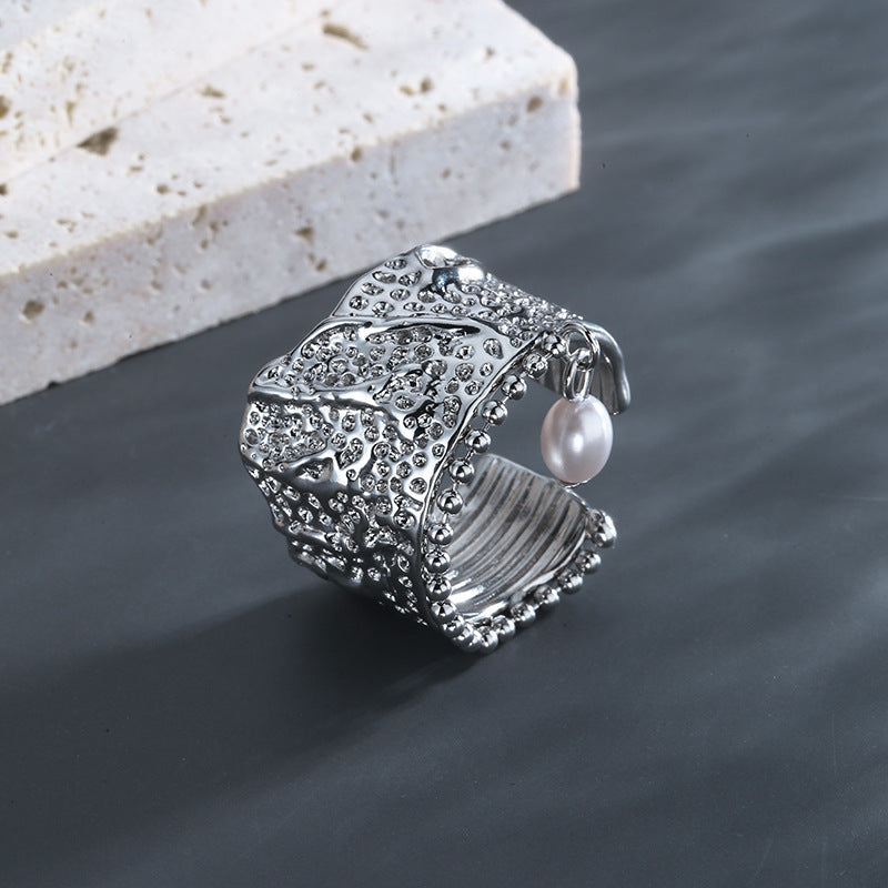 Womens Copper Ring With Pearl Inlay Pearl Korean Geometric Ring Irregular Index Finger Pearl Ring Fashion Ring