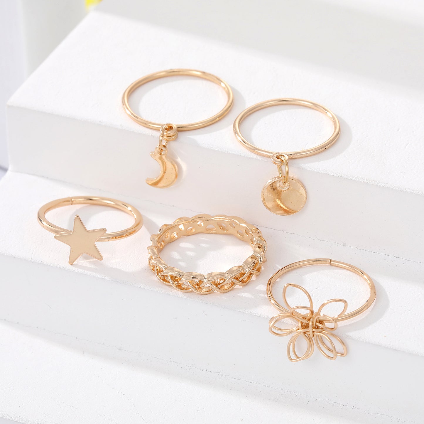 Unisex Geometric Ring Set Five Pointed Star Flower Alloy Fashion Jewelry Gold Tone Silver Tone 5 Piece For Him