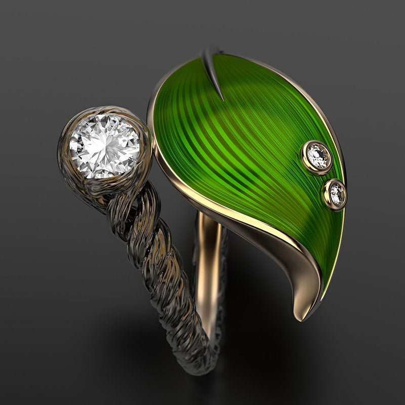 Leaf Zircon Ring For Women Adjustable Alloy Jewelry With Rattan Style Elegant Fashion Accessory Chic City Vogue
