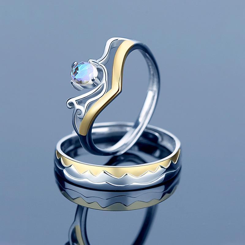 Sterling Silver Couple Rings Wave Design Matching Diamond Setting For Him And Her Anniversary Engagement Wedding