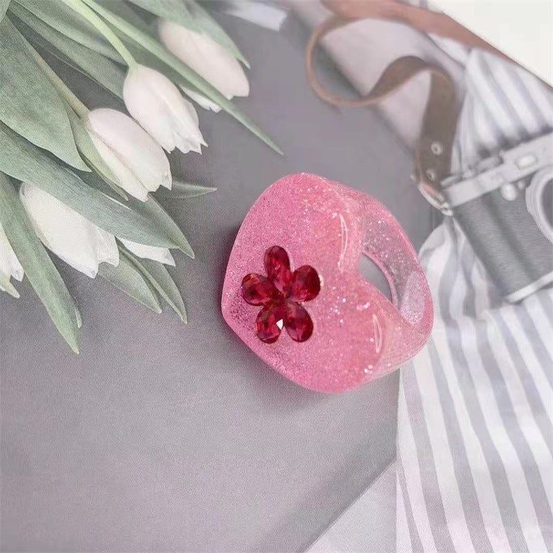 Womens Fashion Ring With Resin Flower Heart Design And Glitter Sequin Accents Rainbow Rings Quality Women Girl
