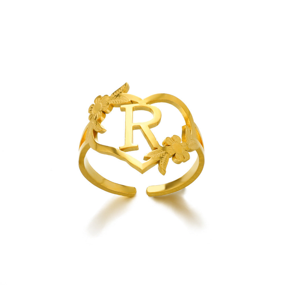 Heart Shaped Initial Rings Women Adjustable Stainless Steel Letters Ring Unisex European Design Letters Numbers