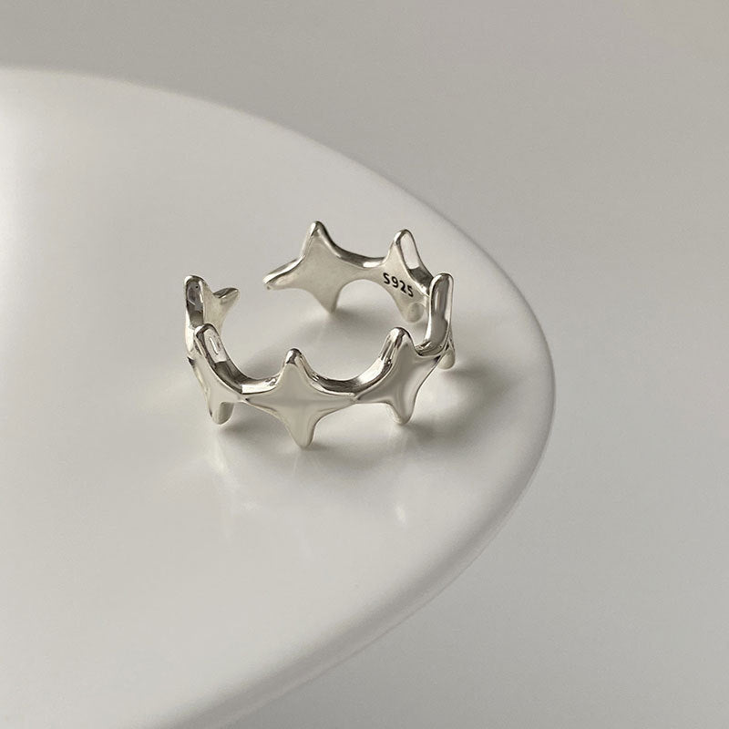 Open End Star Ring Four Eight Pointed Stars Korean Silver