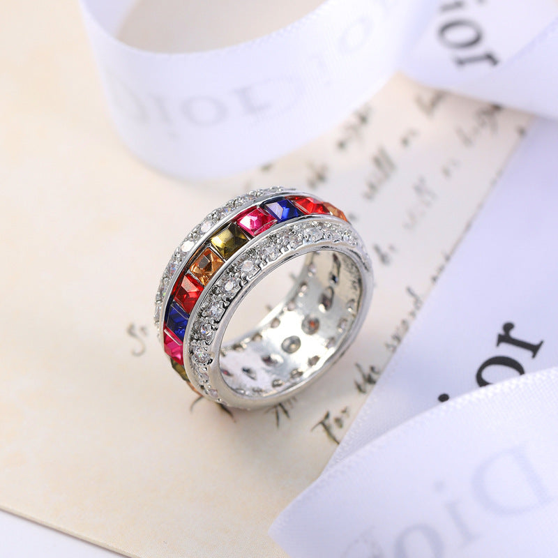 Unisex Zircon Ring Copper Jewelry Platinum Plated Light Sea Blue Gemstone Inlaid European American Design Gift