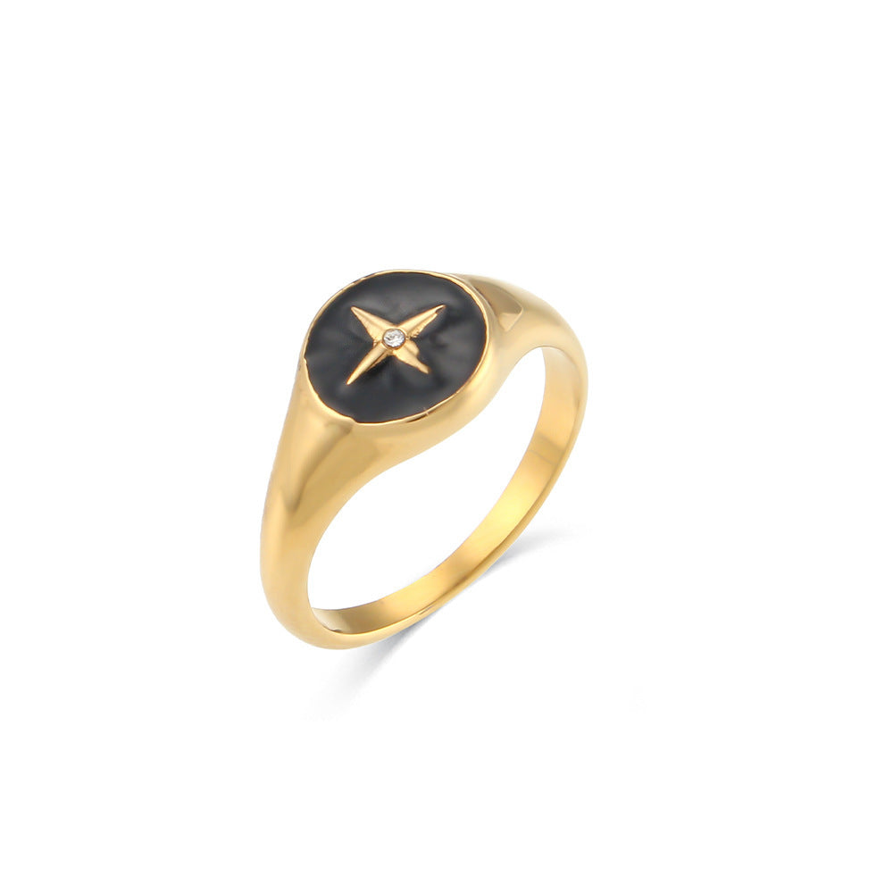 Ladies Stainless Steel Rings With Compass Disc Geometric Retro Fashion Jewelry For Women And Girls Black White