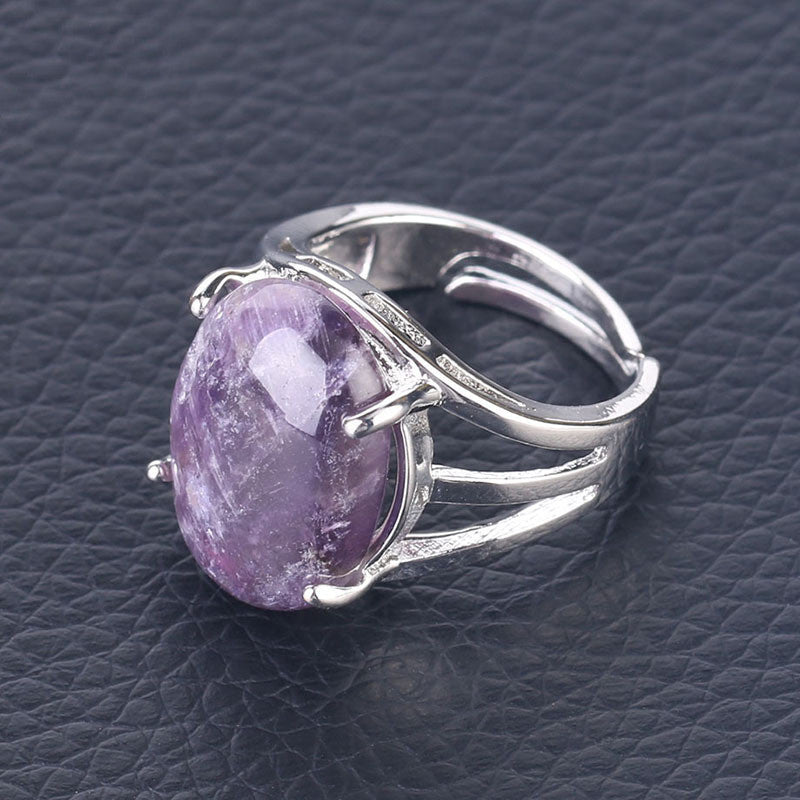 Women's Natural Stone Oval Ring Inlay Alloy Setting with Semiprecious Gemstones Jewelry Accessory Elegant Look