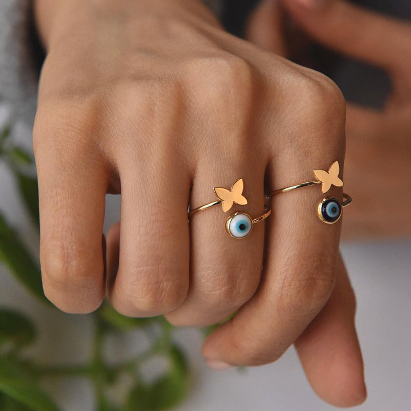 Womens Metal Star Ring With Drop Glaze And Butterfly Accent Devil Eye Design Fashion Jewelry Statement Fashion