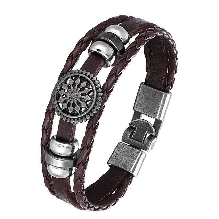Mens Genuine Leather Bracelet Two Layer Cowhide Wristband Anti Friction Anti Oxidation 21cm Length Black Brown