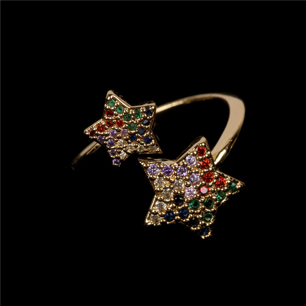 Metal Ring Star Micro Inlaid Color Diamond Accented European American Design Jewelry Gift For Business Quality