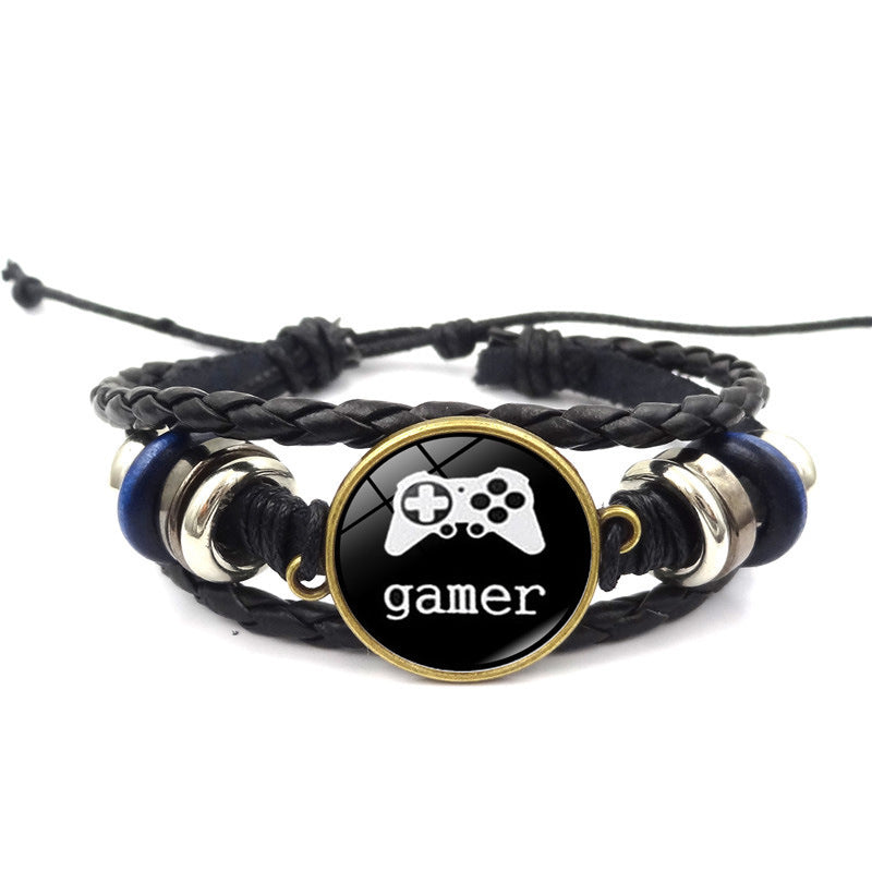 Unisex Leather Bracelet Vintage Alloy Constellation Beaded Design Retro Game Controller Time Gem Anniversary Keepsake
