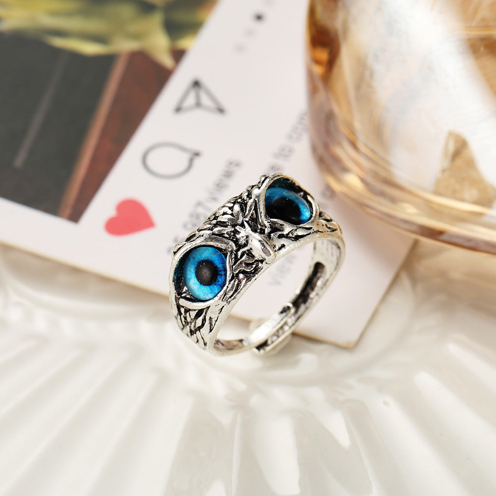 Unisex Alloy Ring With Retro Blue Eyes Owl Design Electroplated Statement Ring High Quality Beautiful For Everyday Wear