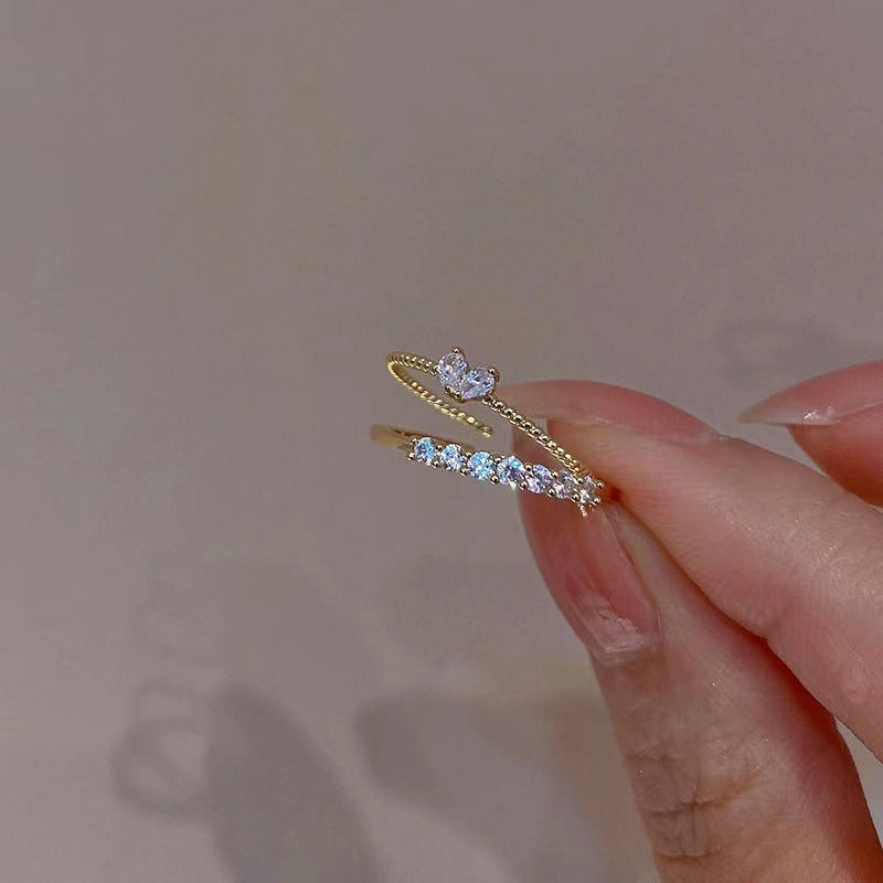 Womens Heart Ring S925 Sterling Silver Adjustable Open Ring French Design Love Heart Ring for Her Fashion Jewelry Gift for Women and Girls