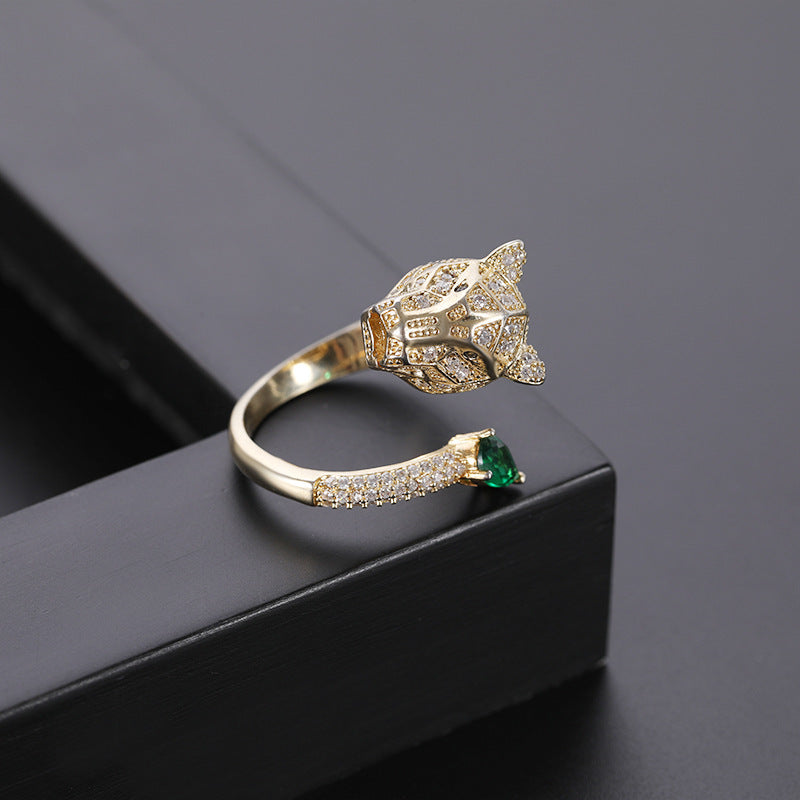 Leopard Head Ring Micro Set Gold Plated Adjustable Opening Copper Jewelry For Women Elegant Dainty Unique Gift