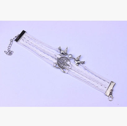 Womens Vintage Braided Bracelet Hand Woven Peace Dove Pearl Life Tree Design Alloy Rope Wristband Jewelry Gift Elegant