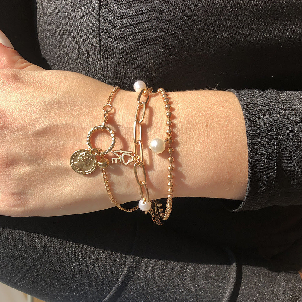 Gold Imitation Pearl Bracelet Set Geometric Retro Bangles for Women European Style Alloy Jewelry Vintage Style